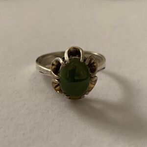 Vintage 925 Sterling Silver Buttercup Set Nephrite Jade Cabochon Stone Ring